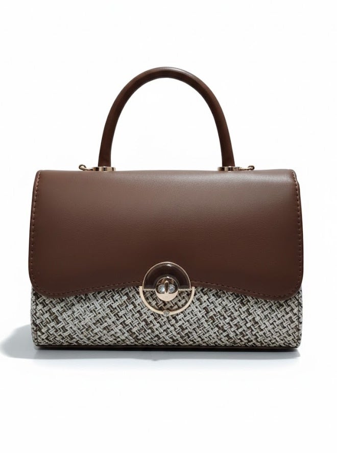 FUMES Mud brown Women’s Handbag – Smooth Finish with Patterned Fabric Panel, Structured Top Handle & Chain Strap, Elegant Office & Evening Bag - Image 1